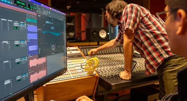 Estudio de grabación con pantalla reflejando el audio y un hombre cambiando los controles del audio del equipo de sonido 