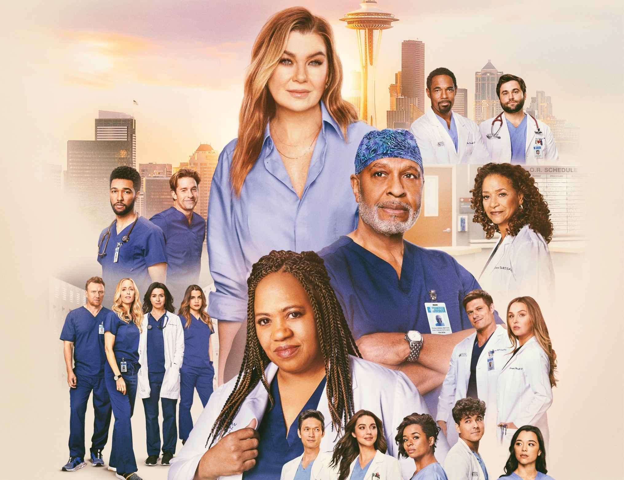 Póster de Greys Anatomy con sus personajes que estudiaron carrera de médico cirujano 