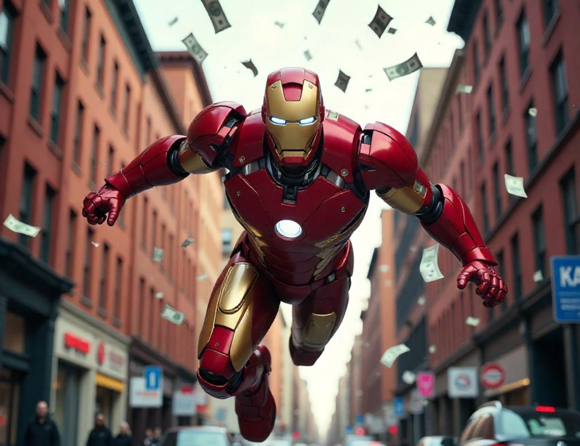 Iron Man volando entre billetes como un líder financiero
