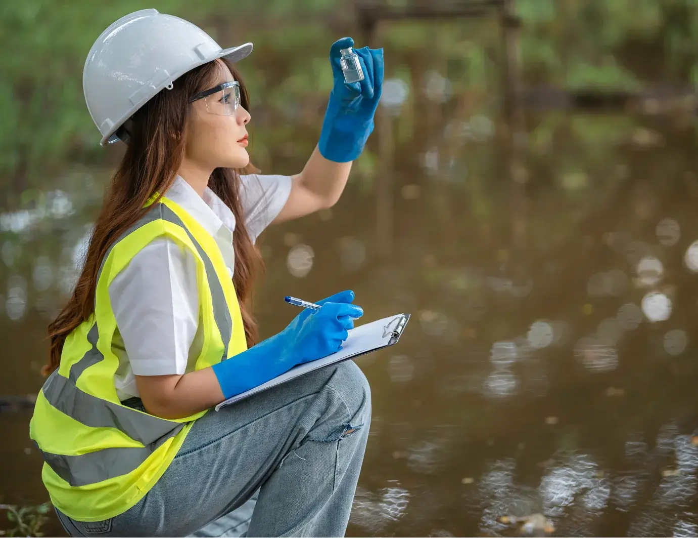 Estudiante de ingeniería ambiental en querétaro observando una muestra de campo