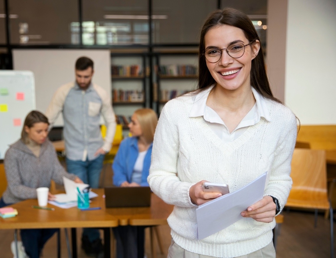 Licenciada en pedagogía desarrollando un taller con estrategias en una empresa