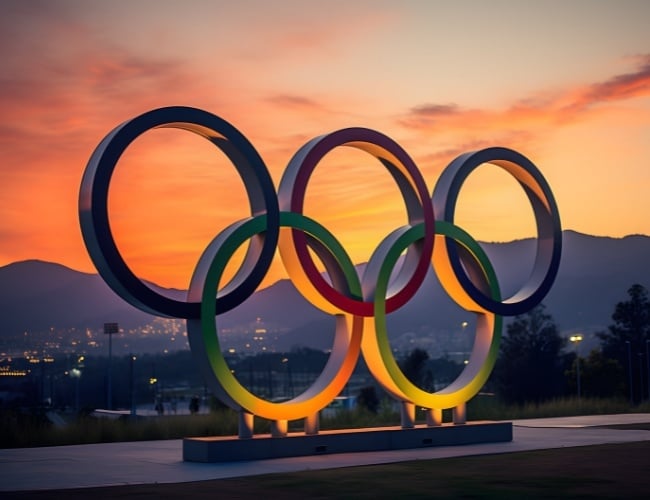 Aros de colores escultura de Juegos Olímpicos en un atardecer