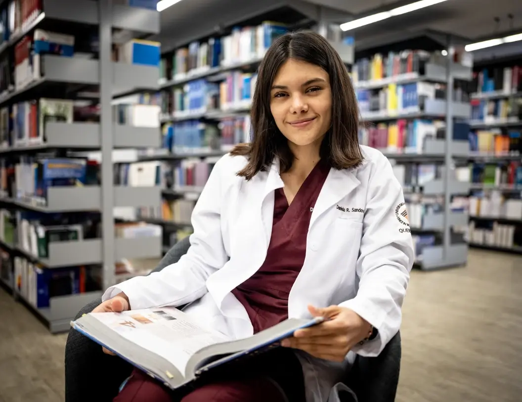 Alumna con bata que estudia fisioterapia en Querétaro y tiene un libro abierto en la biblioteca
